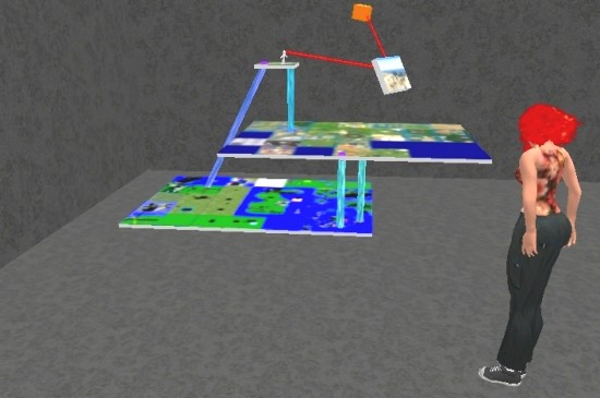 An avatar looks at Crista Lopes' model of hypergrid teleport connections between three separate grids.