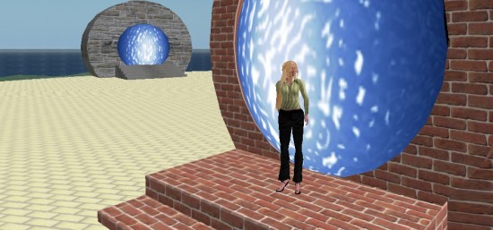 I'm standing in front of a hypergrid teleportation gate at the OSGrid's Business Center. This gate goes to my company's private grid. Can it go to Second Life? Nooooo.