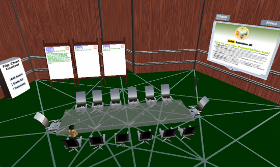 A boardroom setting, one of three default configurations available in IBM's Sametime 3D product.