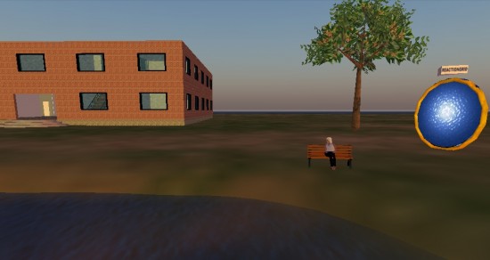 My avatar sits on a bench on our new land on our standalone grid running the Diva Distribution of OpenSim.