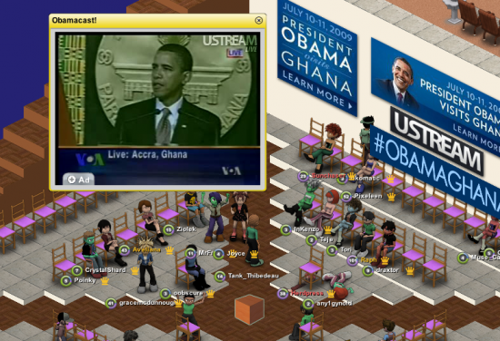 Obama simulcast in Metaplace. (Image courtesy Metaplace.)