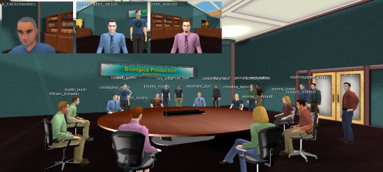 Conversation in ProtonMedia's ProtoSphere virtual world platform about a life sciences R&D topic. (Image courtesy ProtonMedia.)