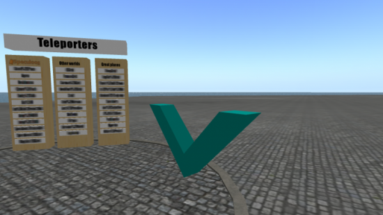 The big spinning V is the OMC in-world payment terminal. (Image courtesy Speculoos.)