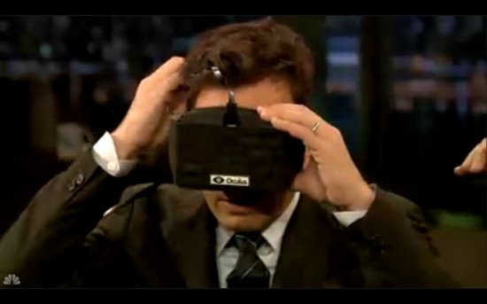 Jimmy Fallon puts on Oculus Rift headset. Says:  â€What is going on! Wow! Holy mackerel! Whoa!â€ 