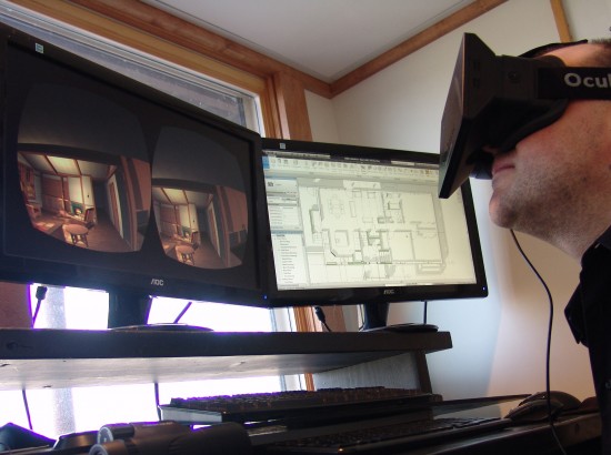 Exploring a virtual model of an architecture project with Oculus Rift. (Image courtesy Jon Brouchoud.)