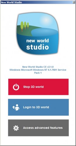 New World Studio control panel when the OpenSim server is running.