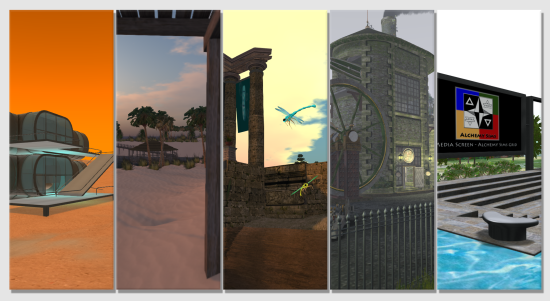 Five virtual environments on the Alchemy Sims Grid. From left: Mars Classroom (Aphros region), Wheely Island (Hydrargyrum region), All-Access Game (Ferrum), CrackPot Works (Private) and the Ideagora (Cuprum).   Visit via hypergrid teleport at grid.alchemysims.com:8002:Aphros