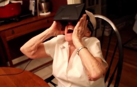 Elderly grandmother tries on the Oculus Rift for the first time to visit the Tuscan Villa simulation. (Click image to watch full YouTube video.)