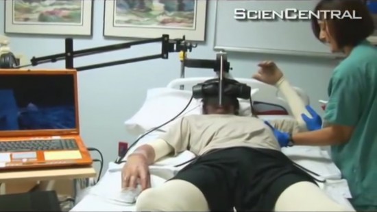 Soldier gets treatment for burns while in a winter-themed virtual reality game. (Click image for video.)