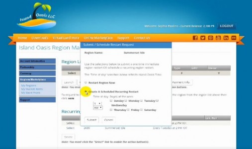 Island Oasis region management panel now supports scheduled restarts.