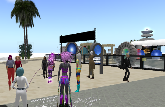 The Hypergrid Safari, a group of avatars who go on tours of other grids, visits the Hyperica hyperport.