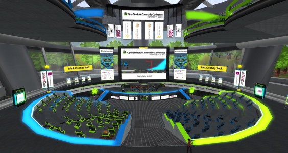 One of the presentation areas at the OpenSim Community Conference grid. (Image courtesy AvaCon.)