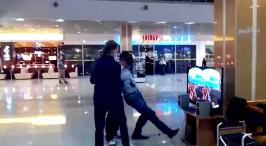 When riding a roller coaster while wearing the Oculus Rift, you're not distracted by the surrounding Russian mall. (Click image for full YouTube video.)