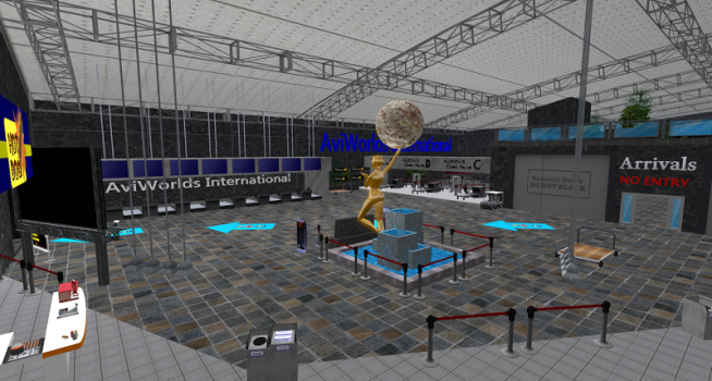 The new airport-themed welcome area on the AviWorlds grid. (Image courtesy Mike Hart.)