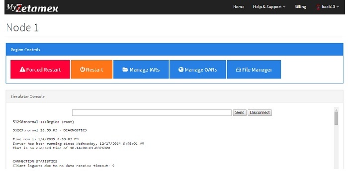 The Zetamex region management panel offers customers self-serve region restarts, as well as downloads and uploads of region backups -- OAR files -- and inventory backups -- IAR files. (Image courtesy Zetamex.)