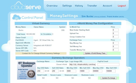 CloudServe control panel for managing currency.
