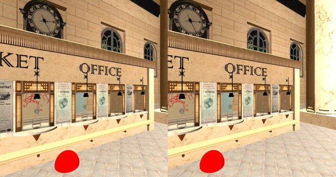 Above are two stereoscopic images of 3dcolab.com's Detroit Train Station from last years OS Community Conference. With the Google Cardboard headset on, on when you look at the red ball for two seconds, you will start walking around. (Image courtesy Paul Emery.)