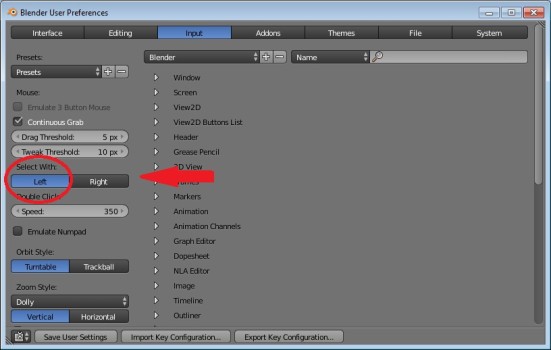 User Preferences dialog window in Blender.