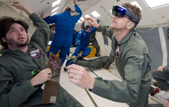 NASA and Microsoft engineers test Project Sidekick on NASAâ€™s Weightless Wonder C9 jet. Project Sidekick will use Microsoft HoloLens to provide virtual aid to astronauts working on the International Space Station. (Image courtesy NASA.)