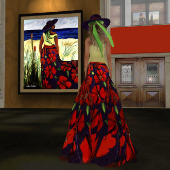 Paris METRO Couture: Artists Series featuring the art of Indea Vaher, a dress was made to match her art for the Paris METRO Art Gallery Opening Day. (Image courtesy Rose Freeland.)