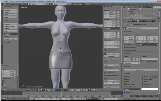 The skirt is now scaled to the right size, and adjusted to fit on the model.