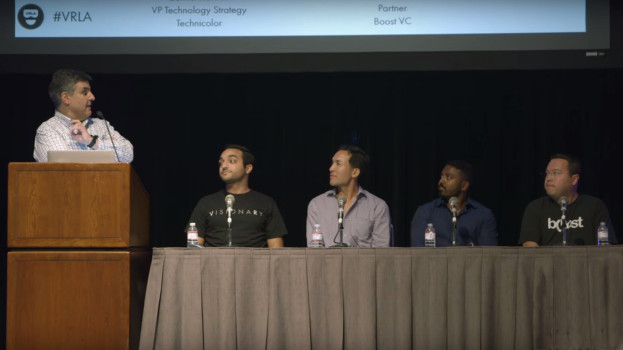 Mike Panesis moderates a panel about raising money for VR startups at VRLA Summer Expo. He is joined by David Ajalat of Cooley LLP, Clinton Foy of CrossCut Ventures, Sutha Kamal of Technicolor, and Jeff Wasson of Boost VC.