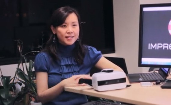 Anli He, CEO of uSens , with Impression Pi headset. (Image courtesy uSens.)