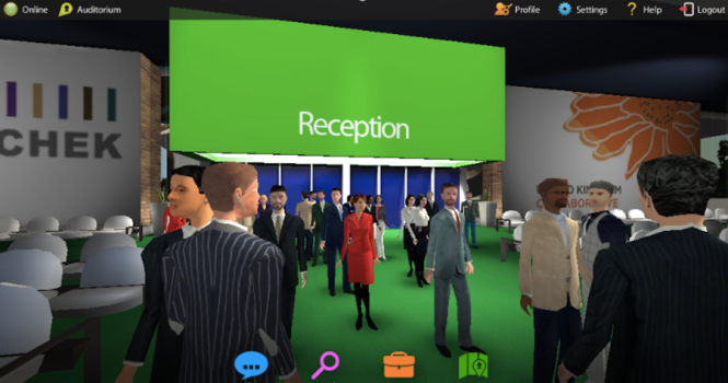 A continuing medical education program conducted in Hyperfair's immersive virtual environment. (Image courtesy Hyperfair.)