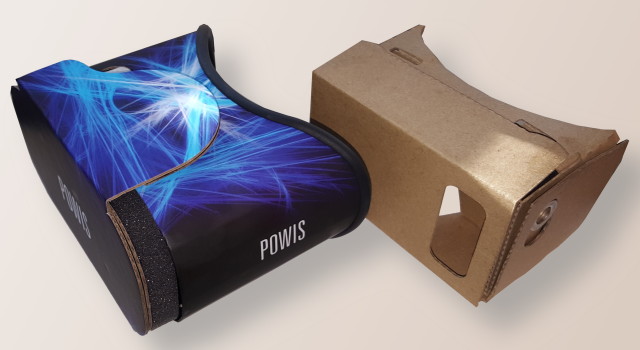 Powis headset, on left, and Google Cardboard v1 headset, on right.