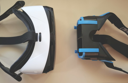 The Fibrum (right) looks like a baby headset next to the Samsung Gear VR (left).