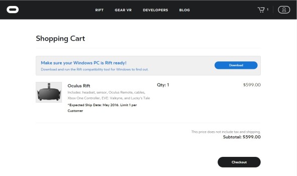 The Oculus Rift purchase screen.