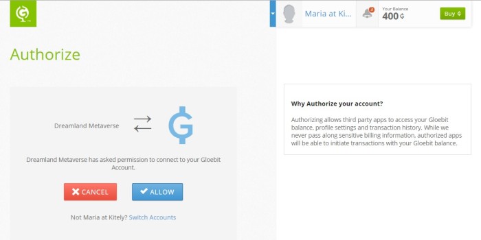 Each new grid has to be approved by Gloebit users on a Web-based confirmation page, similar to a PayPal confirmation.
