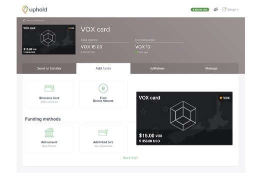 Voxel screen on the Uphold payments platform. (Image courtesy Voxelus.)