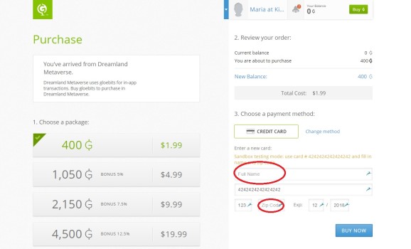 authorize Gloebit -- purchase 400G -- credit card -2