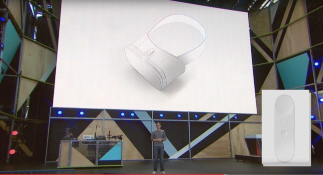 Google VR VP Clay Bavor presents Daydream headset reference design and controller (inset) at Google I/O 2016.