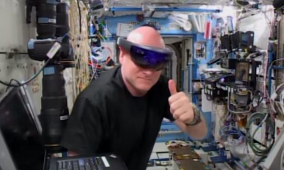 A crew member aboard the International Space Station uses Microsoft's HoloLens . (Image courtesy NASA.)