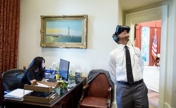 President Barack Obama wearing virtual reality headset. (Image courtesy .)