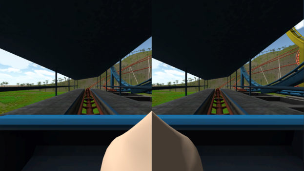 Virtual reality games often cause simulator sickness â€“ inducing vertigo and sometimes nausea - but new research findings point to a potential strategy to ease the affliction: insert an image of a virtual human nose, or "nasum virtualis," into the center of the video display. This screenshot is from one application where the user rides a roller coaster. Findings suggest the virtual nose reduces simulator sickness. (Image courtesy Purdue University.)