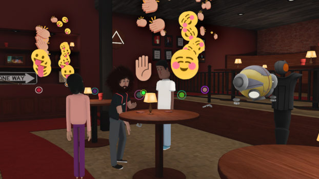 Floating emojis from the live event are shown in the recorded virtual reality playback. (Image courtesy AltspaceVR.)