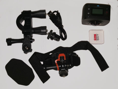 The EleCam 360 comes with a memory card, charging cable, and several mounts. (Photo by Maria Korolov.)