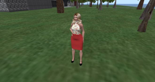 Here is my avatar, wearing mesh clothing based on free Linda Kellie templates. The top is her turtleneck tank, and the skirt is her folded waist pencil skirt. I added the textures using GIMP to the clothing textures she provided.